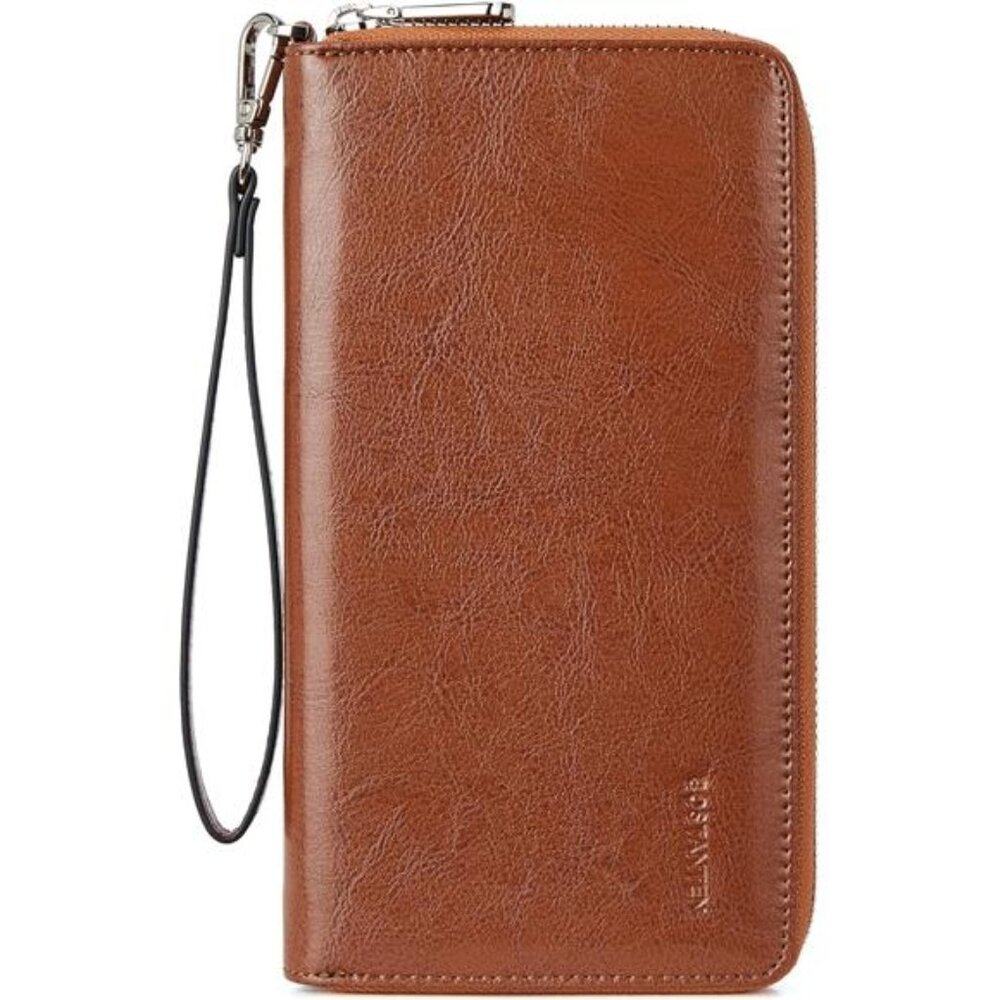Leather Wallet RFID Blocking Zip Around Credit Cards Holder Clutch Brown